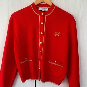 ST. John Classic cardigan, red orange with gold trim and buttons size small